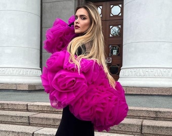 3D Flower Cape, Formal Evening Cape, Red Carpet Capes, Magenta Wedding Cape, Capelet Gown, Statement Detachable Cape, Black Tie Cloak