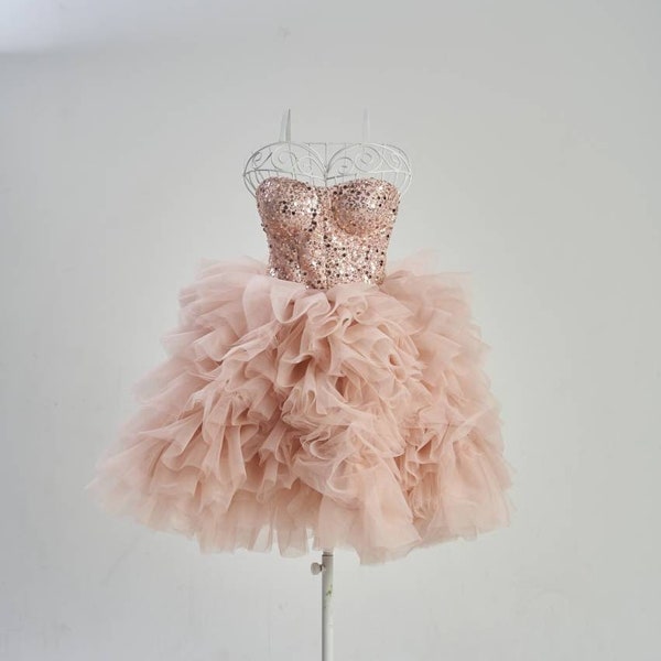 Blush Pink Cocktail Dress, Sparkly Bridesmaids Dress, Puffy Prom Dress, Bachelorette Dress, Date Night Formal Dress, Sequin Graduation Dress