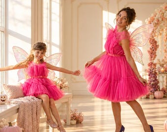 Passende rosa Feenkleider für Mutter und Tochter – Halloween-Kostüme – Herbstmode – Prinzessinnen-Partyoutfits mit rosa Tutu