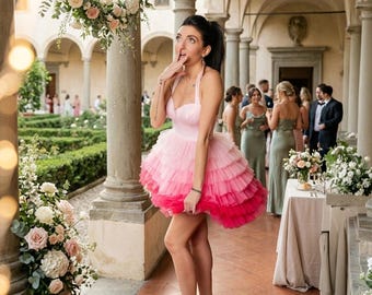 Pink Ombre Dress With Lace Up Back Summer Style Bridesmaid Dress - Summer Evening Dresses For Wedding Guest - Personalized Clothing Womens