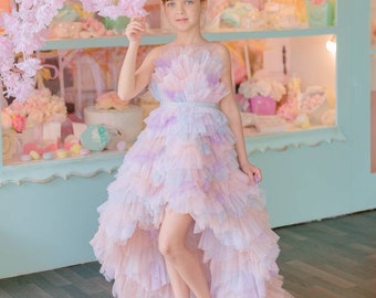 High Low Tulle Dress For Girls, Rainbow Flower Girl Dress, Unicorn Wedding Dress, Girl Birthday Dress, Princess Tiered Dress, Formal Dress