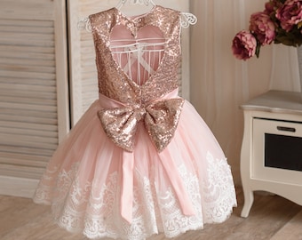 Rose Gold Sequin Tulle Dress, Flower Girl Outfit, Lace Trim