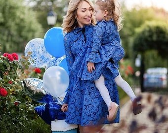 Blue Lace Mom And Daughter Dresses For Wedding Guest - Summer Style Mother Daughter Matching Dresses - Formal Mommy And Me Photoshoot Outfit