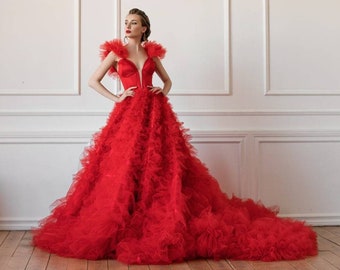 Red Wedding Dress, Tulle Red Couture Gown, Red Carpet Dress, Photoshoot Dress, Cocktail Prom Dress With Train, Tiered Gala Gown, Frilled