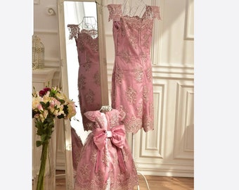 Mommy and Me Dresses, Dusty Rose Dress, Formal Lace Dress, Big Bow Dress, Matching Mother Daughter Dress, Elegant Dress, Pink Pageant Dress