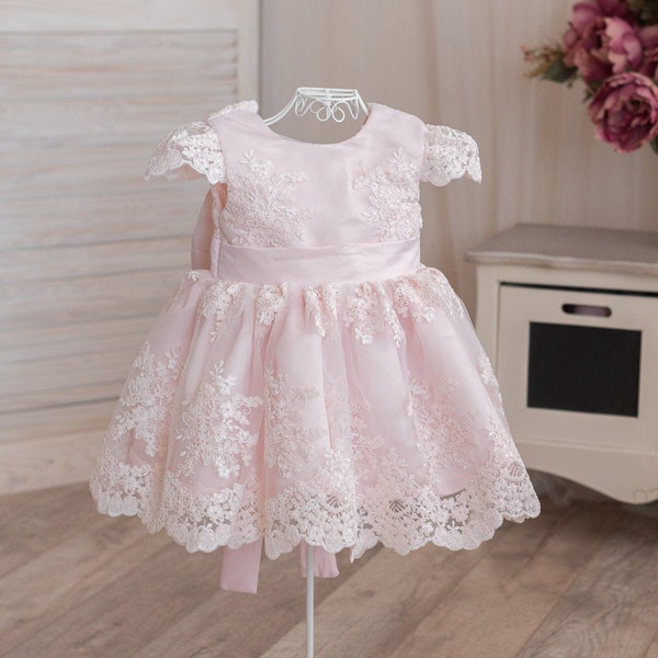 Baby Girl Dress Special Occasion, Blush Pink Christening Dress, Girl Baptism Dress, Blush Lace Flower Girls Dress, First Communion Baby Gown