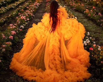 Flying Dress ~ Dramatic Tulle Gown For Photoshoot ~ Maternity Boudoir Dress ~ Long Orange Tulle Robe With Train ~ Old Hollywood Tulle Gown
