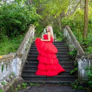 High Low Tulle Dress, Sneaker Ball Women Dress, Red Tulle Dress, Date Night Dress, Asymmetrical Tiered Dress, Adult Tutu Dress, Photoshoot image 7