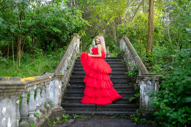 High Low Tulle Dress, Sneaker Ball Women Dress, Red Tulle Dress, Date Night Dress, Asymmetrical Tiered Dress, Adult Tutu Dress, Photoshoot image 7