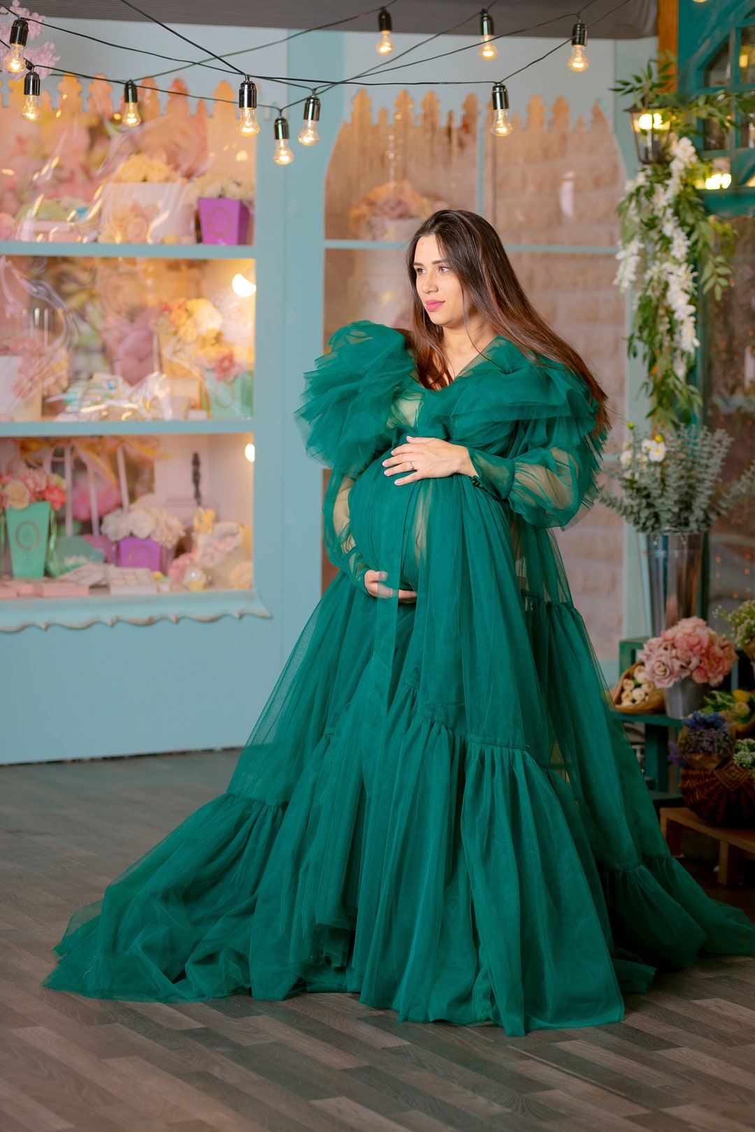 Emerald Green Maternity Tulle Robe, Tiered Photoshoot Robe, Green Sheer ...