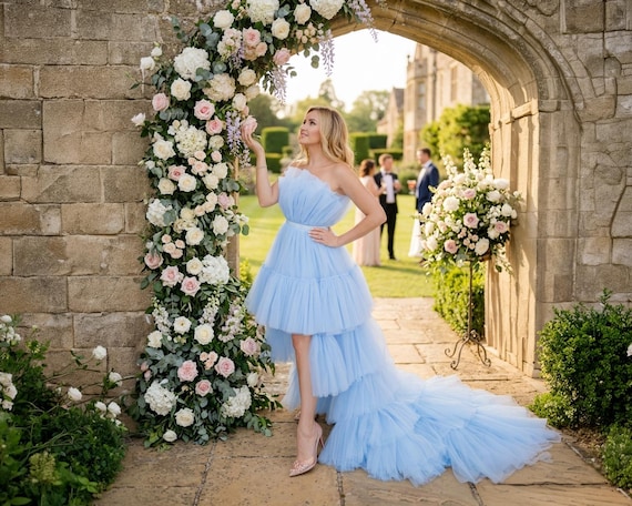 Sky Blue High Low Tulle Dress With Detachable Train - Bridesmaid Dress Summer Style Womens Clothing -personalized Clothing for Weeding Guest