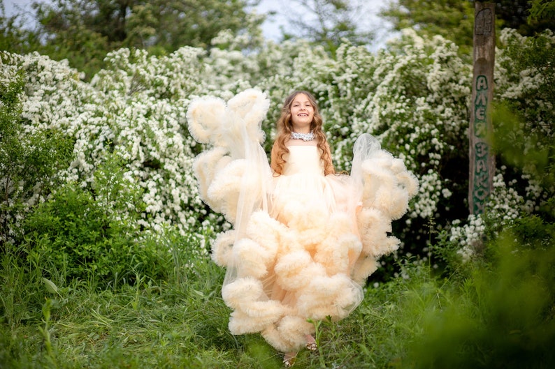 Bloemenmeisje jurk, peuter meisjes Tule jurk, lange Ruffle Tule jurk, Kids trouwjurk, peuter Champagne feestjurk, Frilled Tutu jurk afbeelding 9