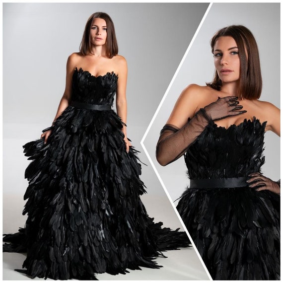 Black Feather Ball Gown Gothic Wedding Dress Maxi Dark Angel Gown Black Swan Dress With Train Halloween Costume Fantasy Gown Raven Etsy UK