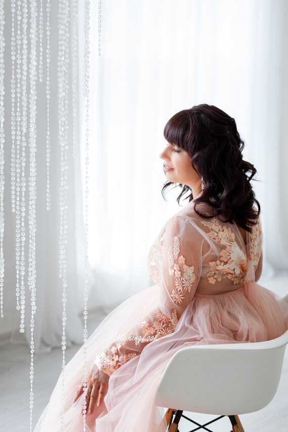knee length dresses for ladies Peach Lace Baby Shower, Evening, Formal Maternity Dress Large / Peach
