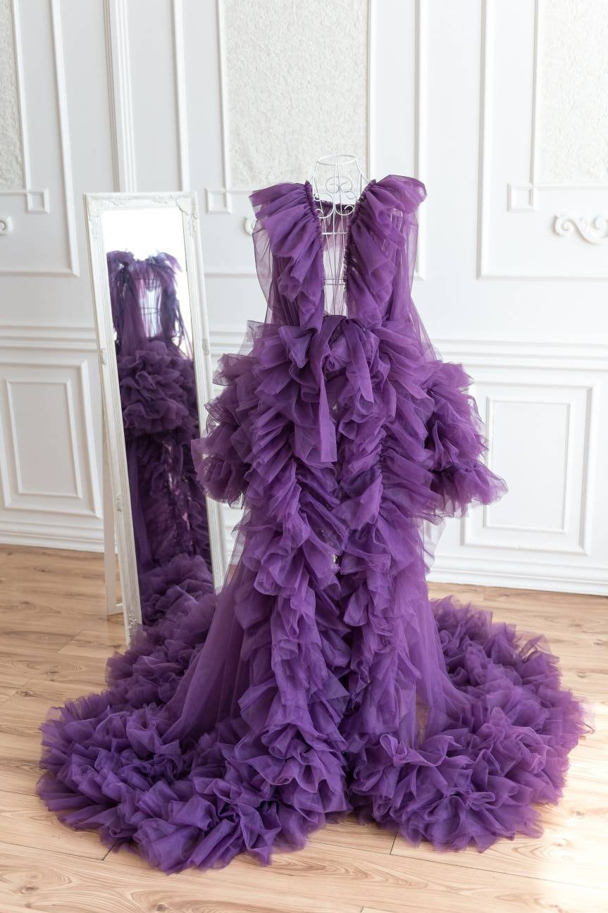 purple dressing gown ladies Shop Boudoir Gown, Luxury Widow Robe, Maternity Photoshoot Dress, Old Hollywood Robe, Maternity Fluffy Gown, Pregnancy Puffy deep v dress