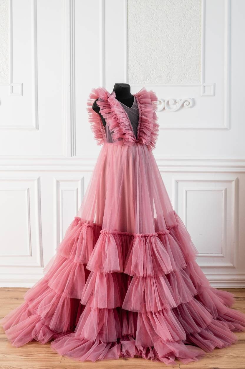 Dusty Pink Tulle Gown, Ruffle Tulle Dress for Photoshoot