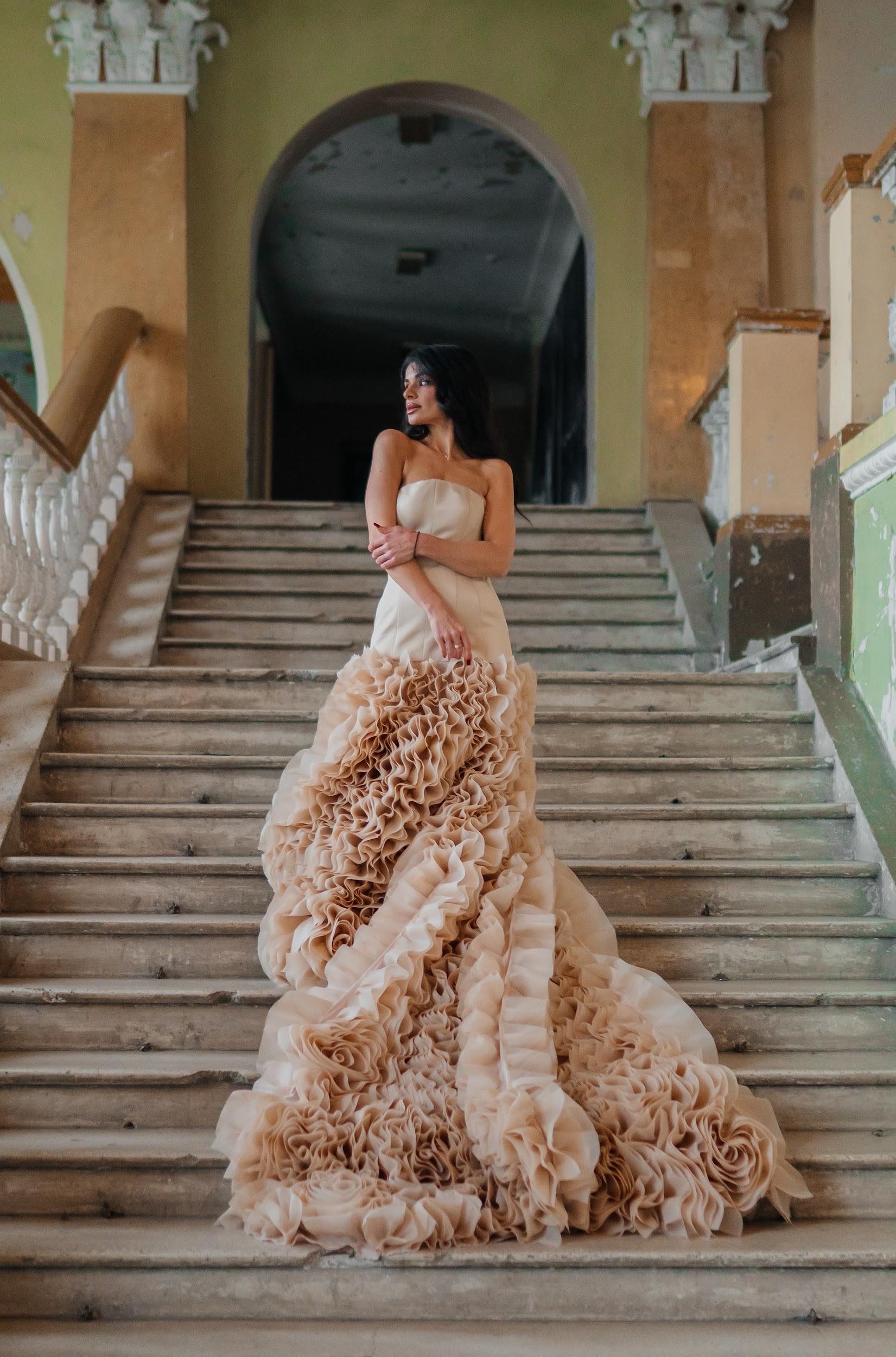 champagne organza wedding dress Cascading Ruffled Champagne Organza Wedding Ball Gown