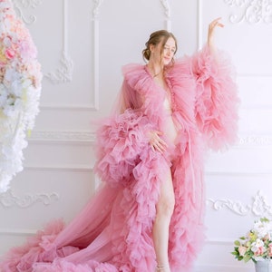 Dusty Pink Tulle Robe,  Ruffle Dressing Gown, Boudoir Robe, Old Hollywood Robe, Fancy Gown, Maternity Robe For Baby Shower Photoshoot