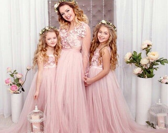 chinese dress ladies Shop Mother Daughter Matching Dress, Photoshoot Dress, Navy Blue Dresses, Mommy and Me Dress, Lace Matching Outfit, Formal Photoprops Dress - main image 1