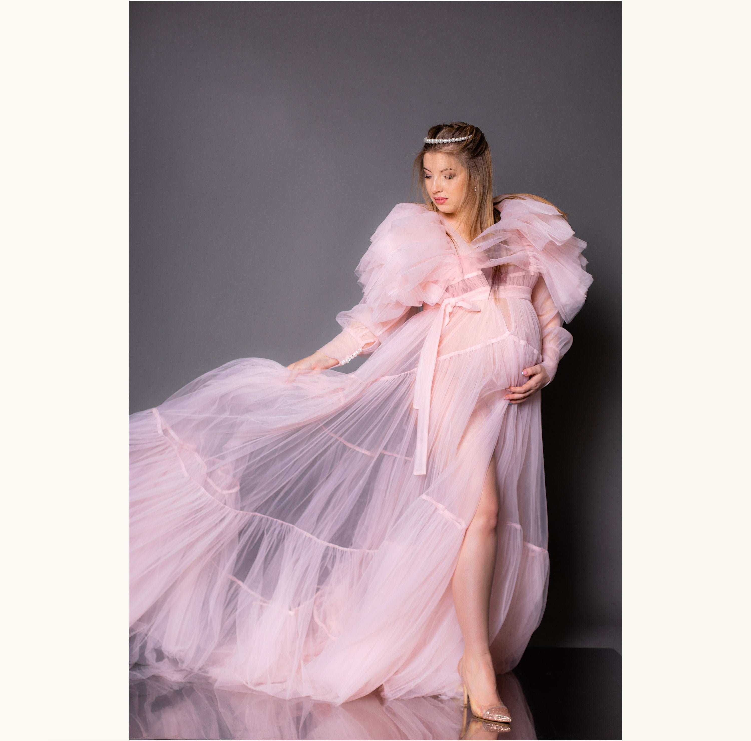 Matchinglook Pink Maternity Robe, Frilled Maternity Gown, Pink Tulle Robe, Maternity Photoshoot Robe, Boudoir Tulle Dress, Sheer Ruffle Gown Robe Hot Pink / One