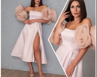 Satin Blush Formal Dresses For Wedding Guest or Bridesmaid - Midi Corset Dress Ideal Cocktail Party Outfit With Detachable Rose Sleeves
