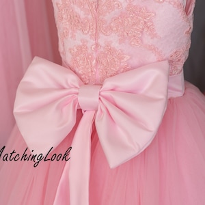 Puede incluir: Un vestido de tul rosa con un lazo de sat&eacute;n rosa y detalles de encaje. El vestido tiene una falda completa y un corpi&ntilde;o ajustado.
