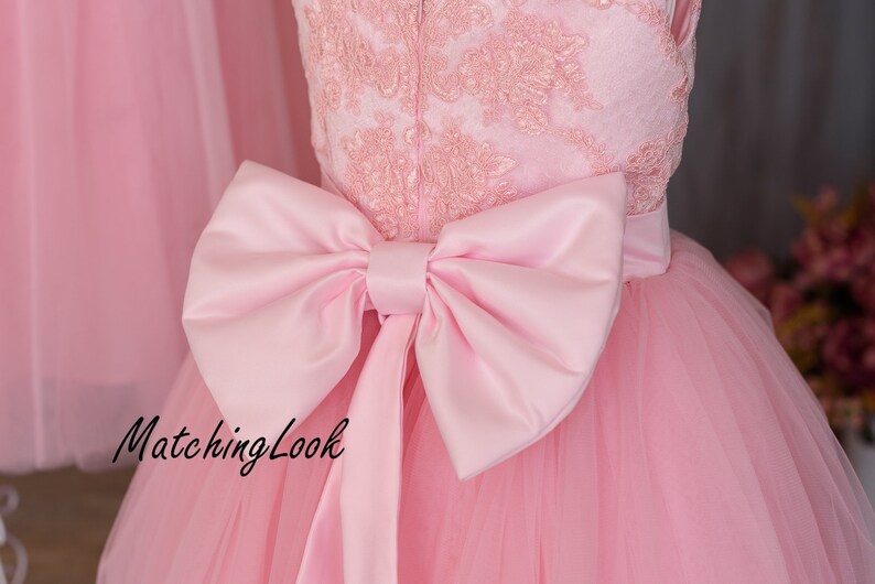 Puede incluir: Un vestido de tul rosa con un lazo de sat&eacute;n rosa y detalles de encaje. El vestido tiene una falda completa y un corpi&ntilde;o ajustado.