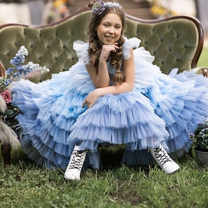 Blue Flower Girl Dress, Fairytale Pageant Dress, Fancy Girl Dress, Wedding Party Dress For Girls, Summer Style Toddler Tulle Dress,Tutu Gown