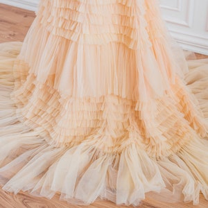 Pu&ograve; includere: Una lunga gonna di tulle fluida con pi&ugrave; strati di balze. La gonna &egrave; di colore pesca chiaro e ha una texture morbida e delicata.