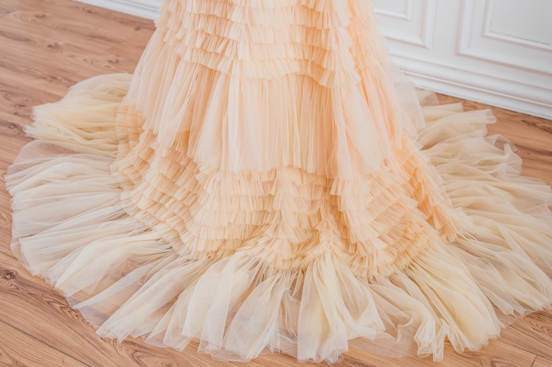 Pu&ograve; includere: Una lunga gonna di tulle fluida con pi&ugrave; strati di balze. La gonna &egrave; di colore pesca chiaro e ha una texture morbida e delicata.
