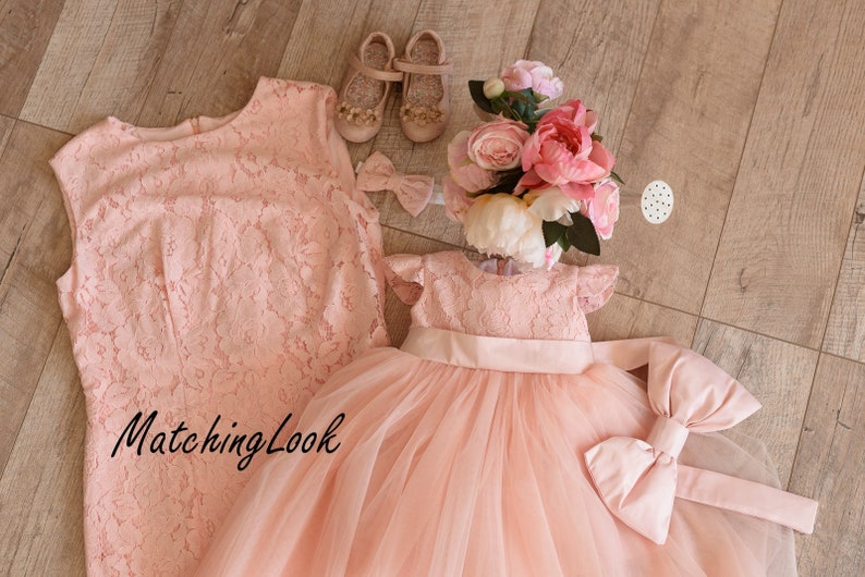 Mother Daughter Matching Dress, Mommy and Me Outfit, Girl Birthday Dress, Photo Session Dress, Mommy and Me Dress, Peach Dress, Formal image 2