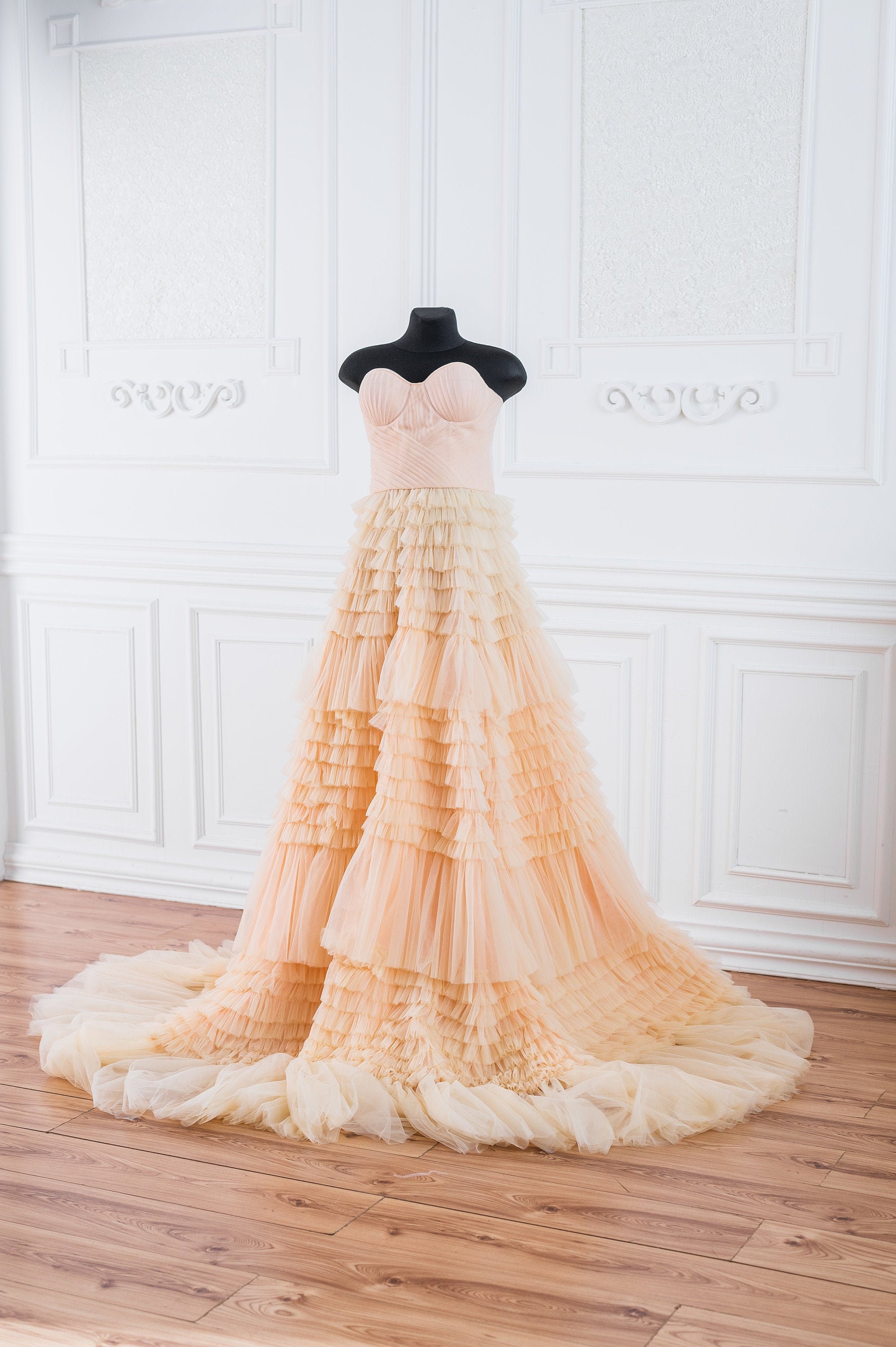 Tiered Tulle Gown, Corset Wedding Dress, Beige Bandeau Dress