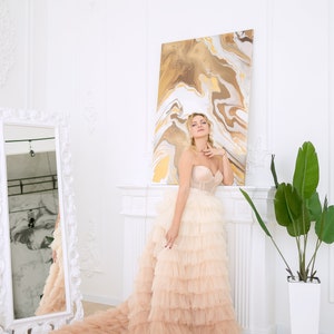 Champagne Ombre Wedding Dress, Tulle Tiered Gown, Beach Wedding Dress, Bridal Tutu Dress, Puffy Tulle Dress, Layered Prom Dress, Photoshoot image 5