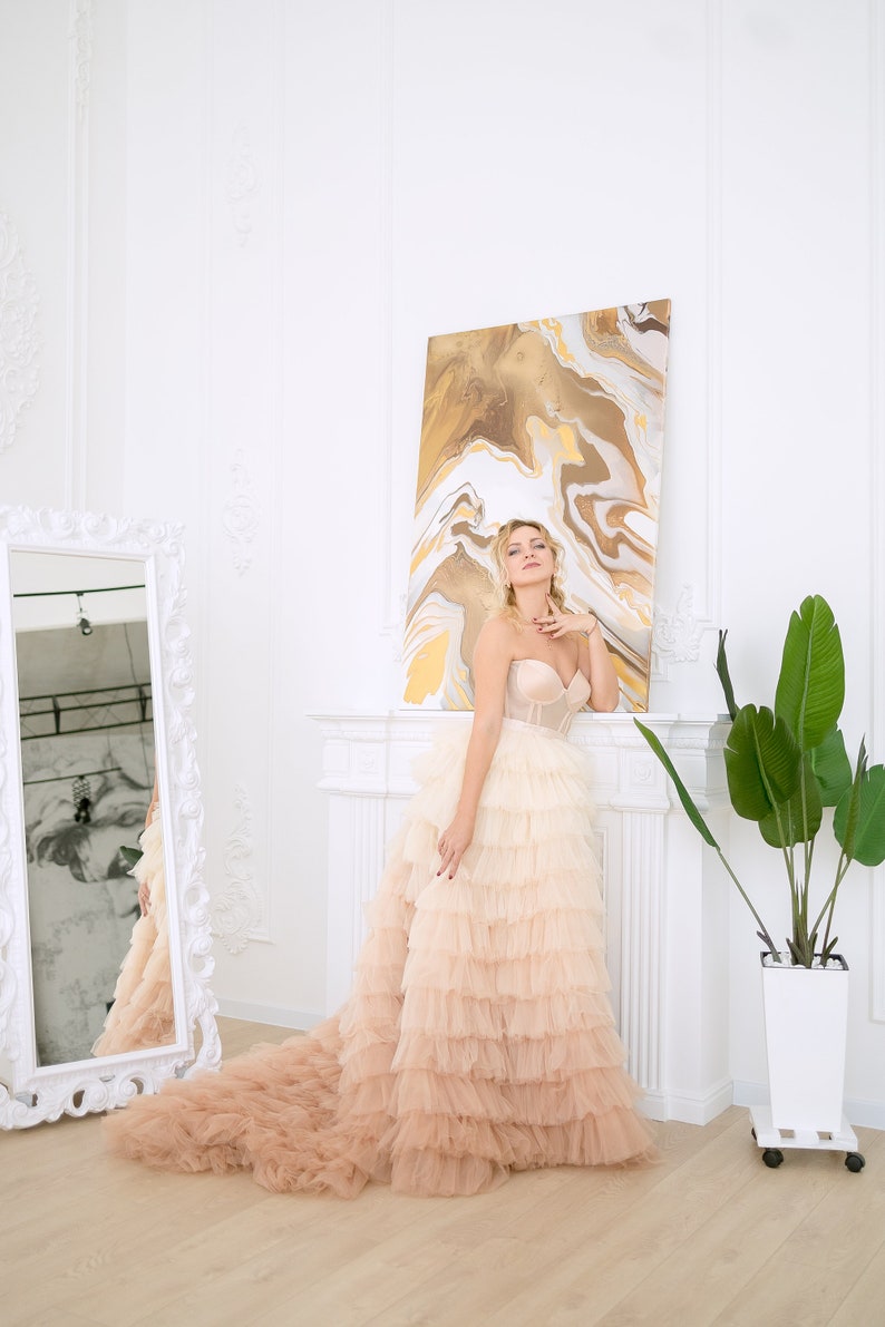 Champagne Ombre Wedding Dress, Tulle Tiered Gown, Beach Wedding Dress, Bridal Tutu Dress, Puffy Tulle Dress, Layered Prom Dress, Photoshoot image 5
