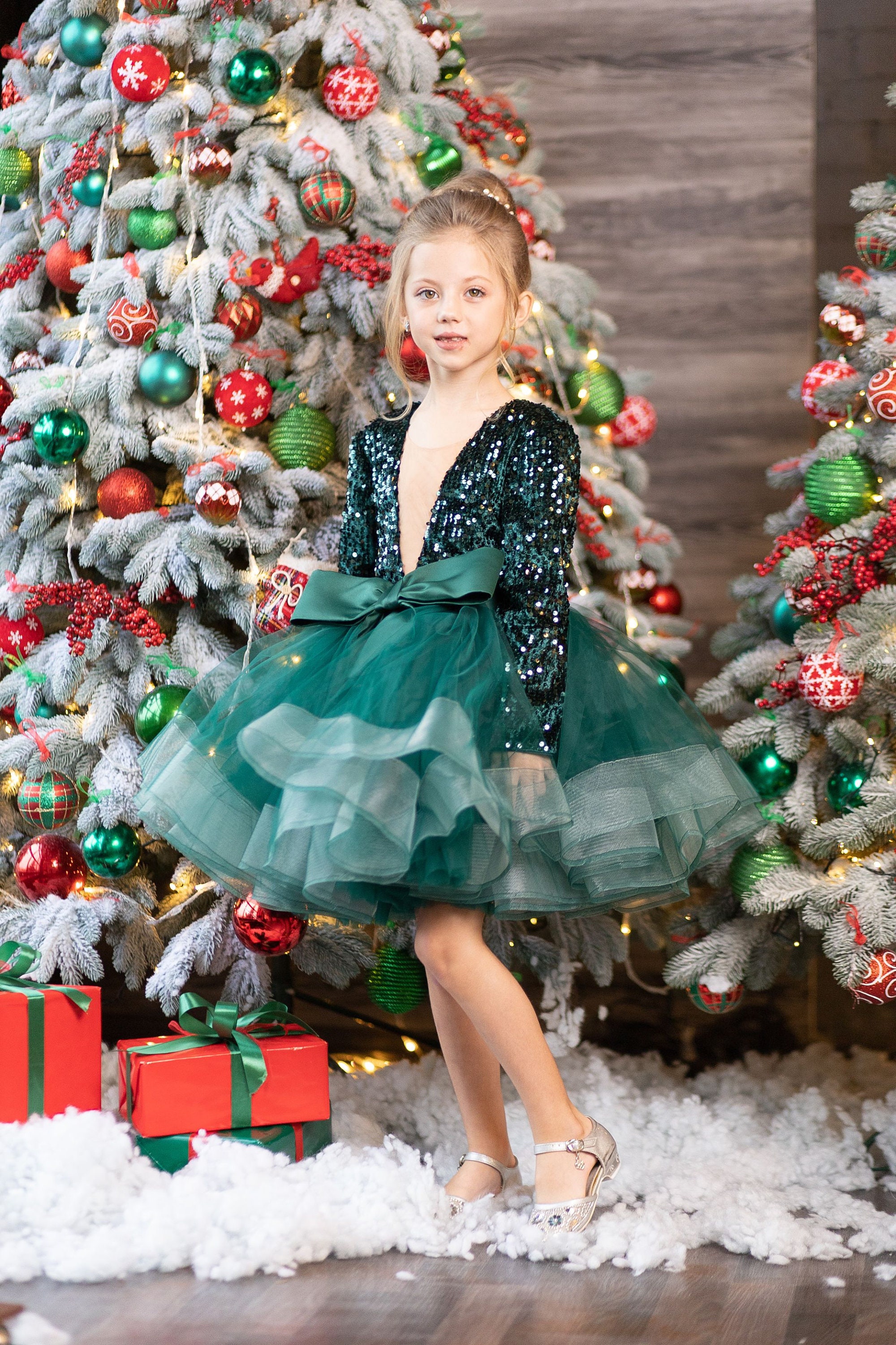 green emerald velvet dress Christmas Tree Tulle Dress-Shady Green main image 0