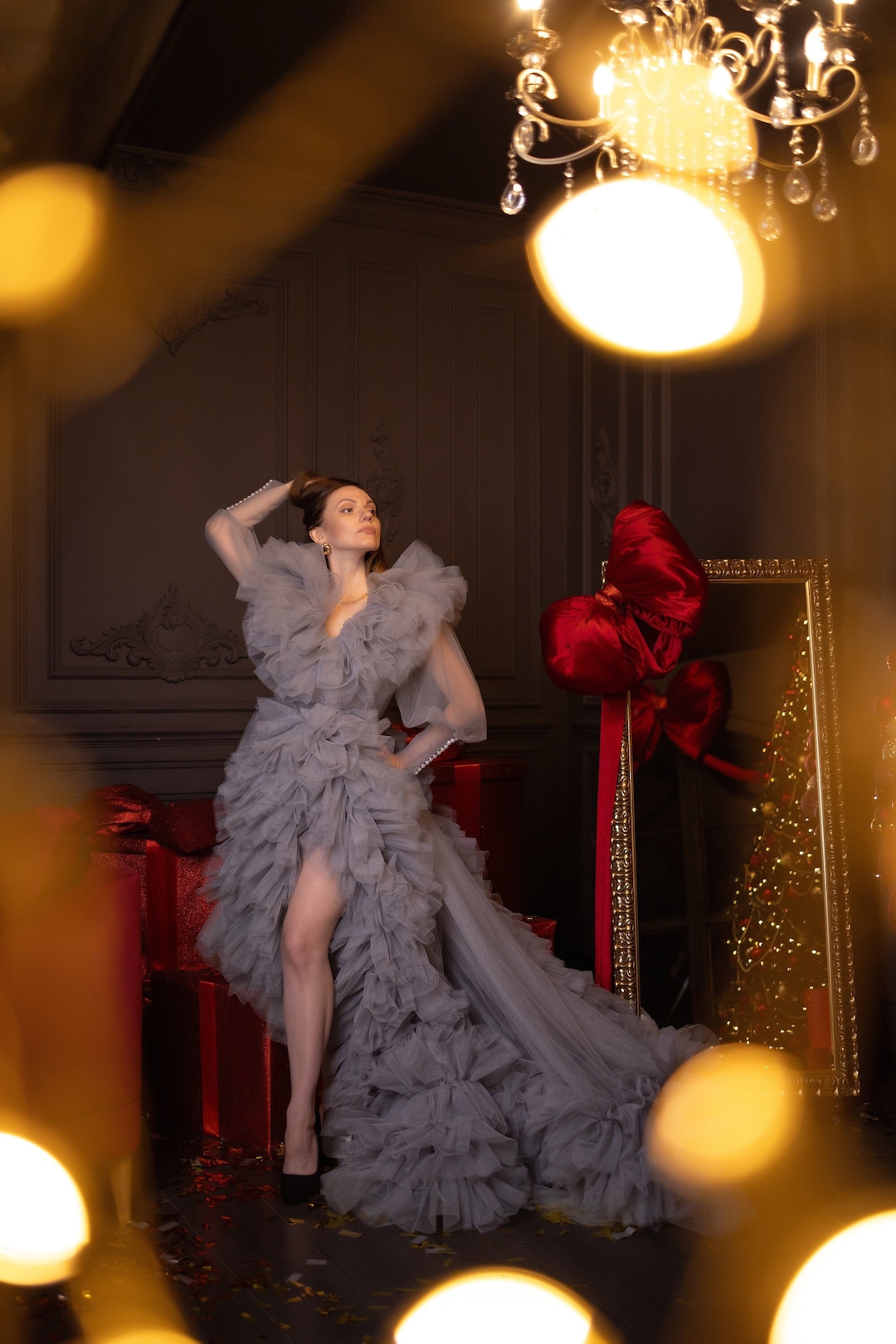 Designarche Green Puffy Ruffled Tulle Maternity Photoshoot Dress Robe main image 0