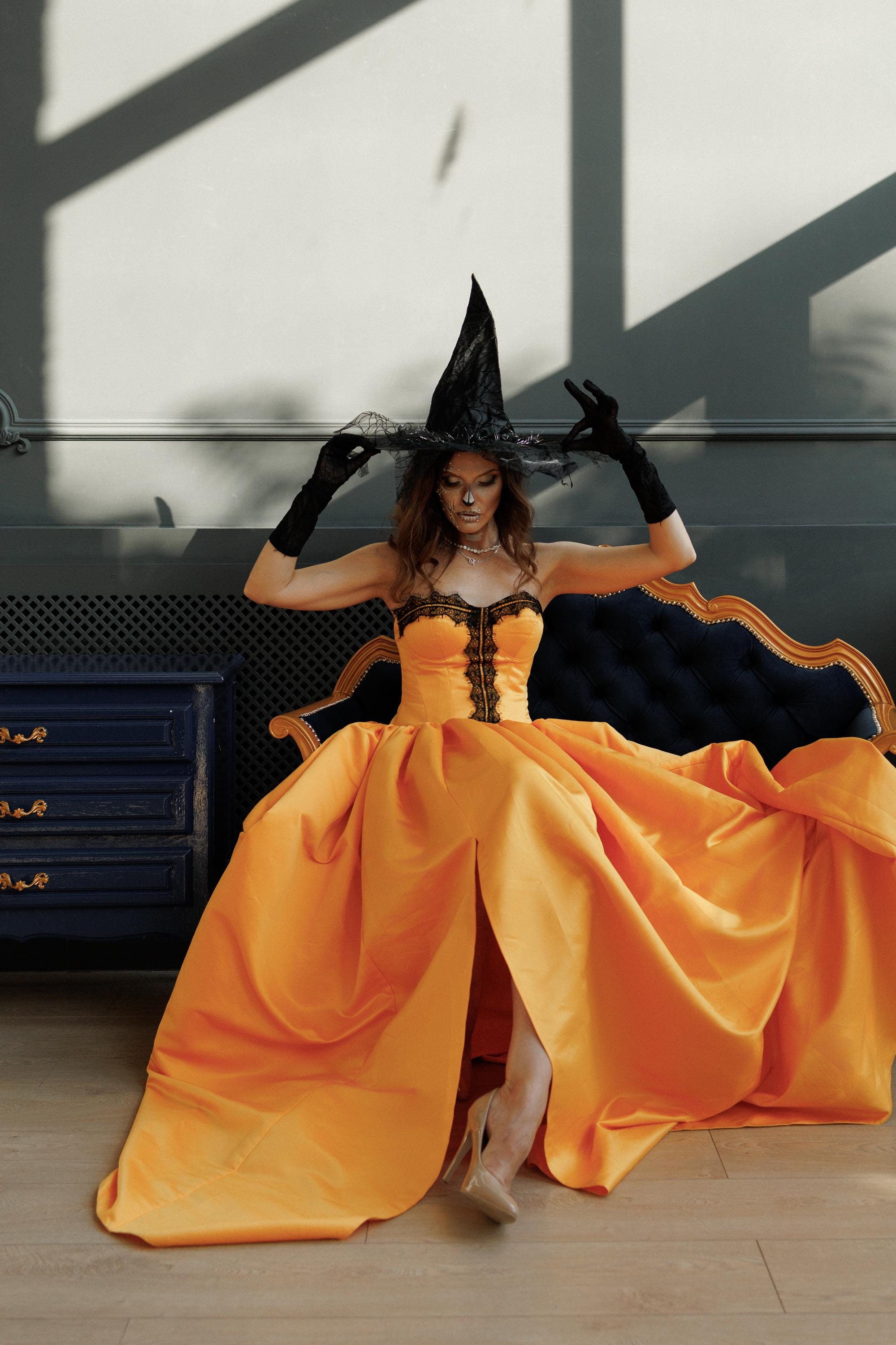 Halloween Witch Dress, Fall Clothing Gift, Orange Black Victorian Gown, Halloween Adult Costume, Witch Gown, High Slit Gothic Pumpkin Gown Halloween Witch Dress, Fall Clothing Gift, Orange Black Victorian Gown, Halloween Adult Costume, Witch Gown, High Slit Gothic Pumpkin Gown
