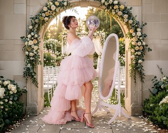 Blush Pink Corset Wedding Dress With Ruffle Train & Detachable Sleeves - Lace Elopement Wedding Dress or Bridal Party - Custom Clothing