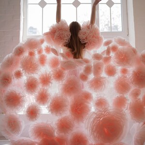 May include: A person seen from the back, wearing a light pink dress adorned with numerous large, soft, flower-like embellishments. The dress has voluminous sleeves and a flowing skirt, creating a dramatic silhouette. The person's arms are raised.