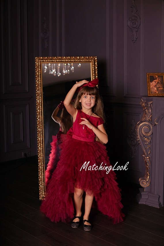 Girl Burgundy Dress, Designer Dress, Pageant Dress, Photoshoot Dress, High Low Dress, Princess Dress, Open Back Dress, Toddler Gown Dress