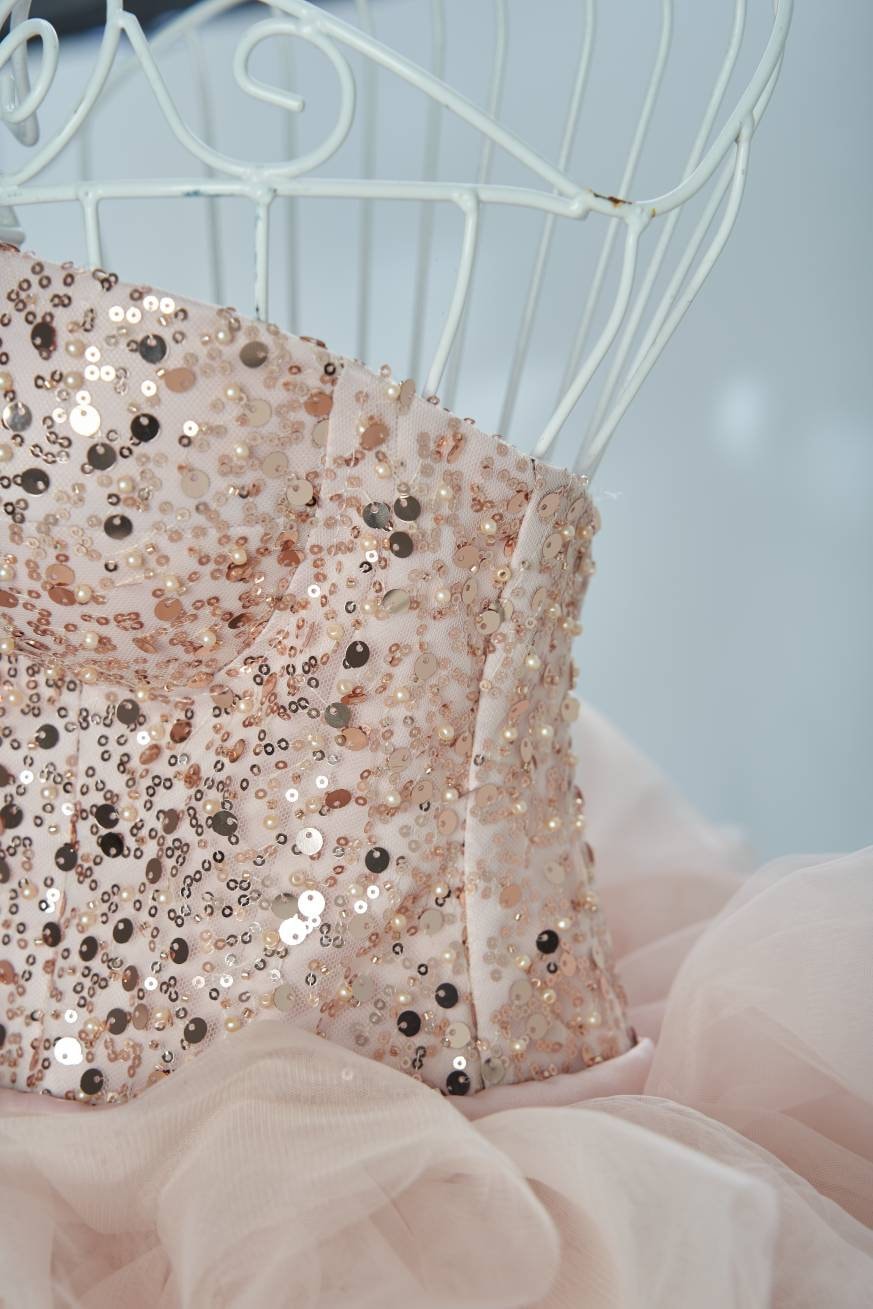 rose gold short puffy dress Pink Tulle Short A-Line Prom Dress, Cute Puff Sleeves Homecoming Dress main image 0