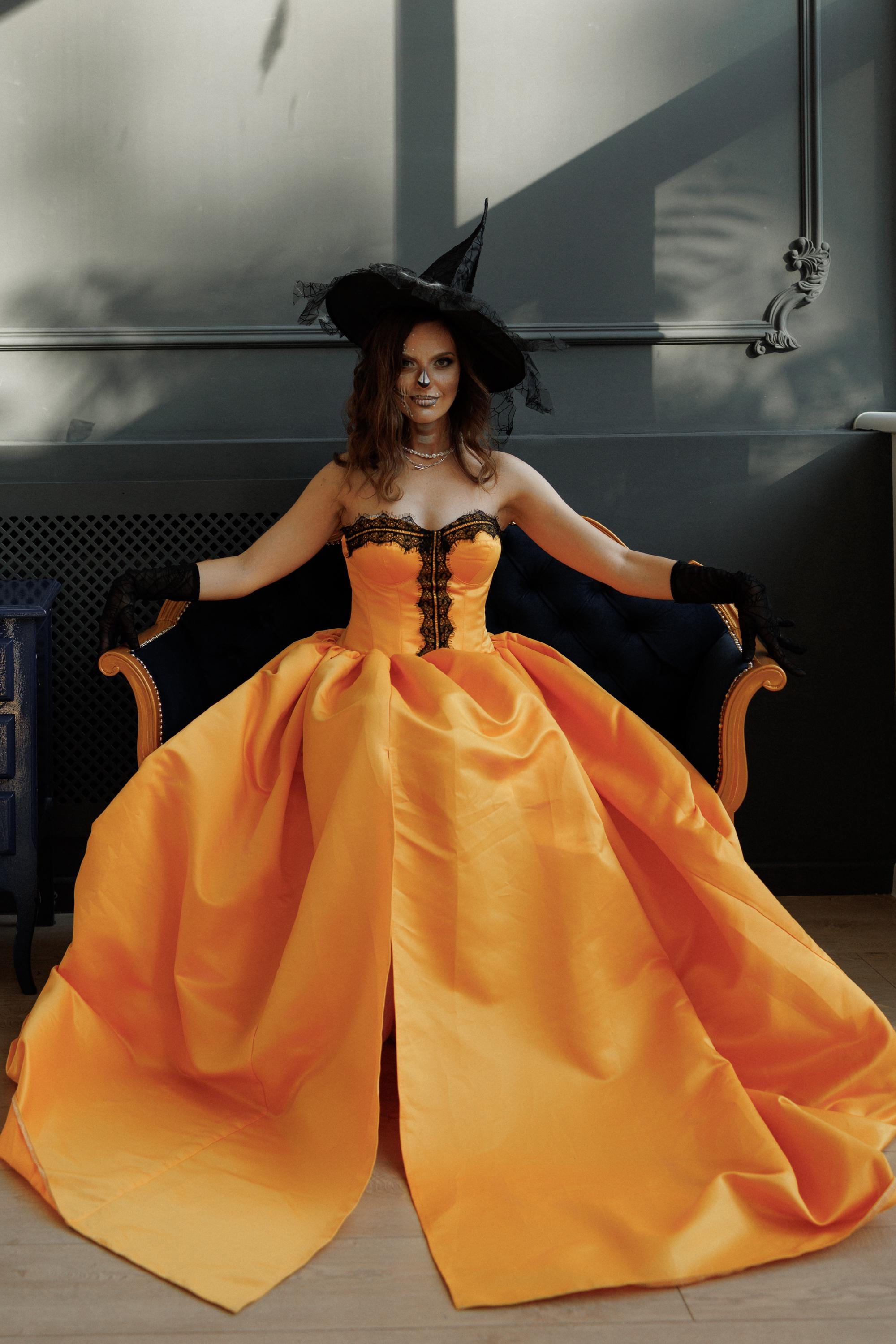 Halloween Witch Dress, Fall Clothing Gift, Orange Black Victorian Gown, Halloween Adult Costume, Witch Gown, High Slit Gothic Pumpkin Gown Halloween Witch Dress, Fall Clothing Gift, Orange Black Victorian Gown, Halloween Adult Costume, Witch Gown, High Slit Gothic Pumpkin Gown