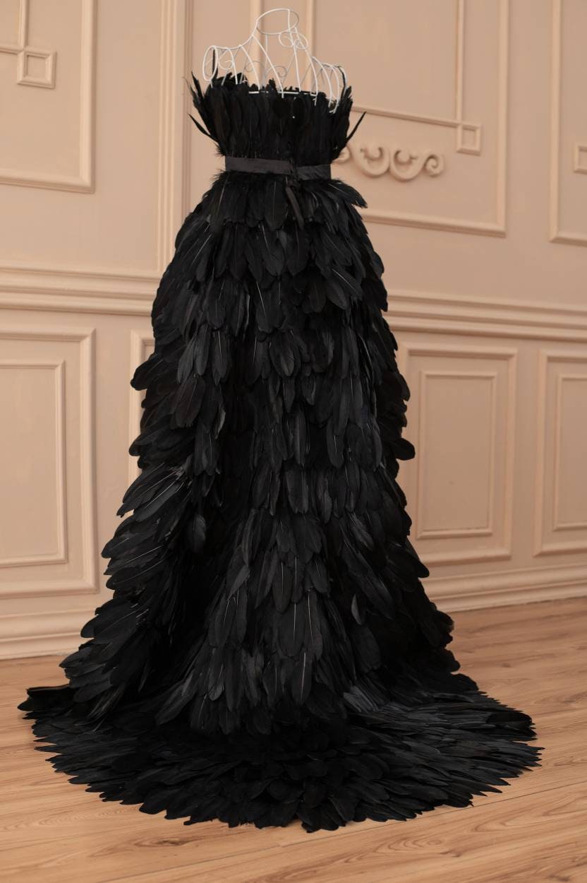 feather black dress Shop Dress, Womens Halloween Costume, Witch Gown, Dark Angel Dress, Fantasy Gown, Whimsigoth Dress, Unique Black Tie Formal galas W292025MonDay Backless Bra for Formal Size:US size 20W