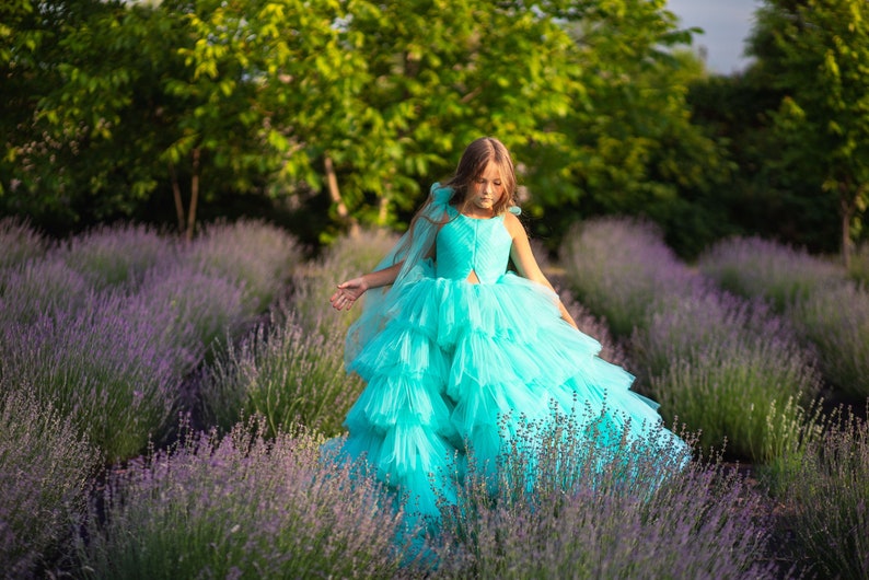 Pageant Dresses For Girls, Toddler Couture Dress, Tulle Flower Girl Dress, Teal Tiered Princess, Toddler Puffy Dress, Girl Designer Dress image 8