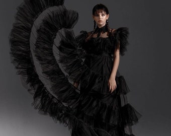 Halloween Kostüm für Erwachsene, Witchy Kostüm, Dark Academia Kleidung, Schwarzes Alternatives Hochzeitskleid, Gothic Schwarzes Kleid, Whimsigoth Tüllkleid