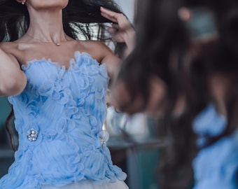 Blue Floral Corset Top With 3D Flowers ~ Blue Bridal Top For Something Blue ~ Romantic Corset For Bridal Reception Prom And Special Occasion