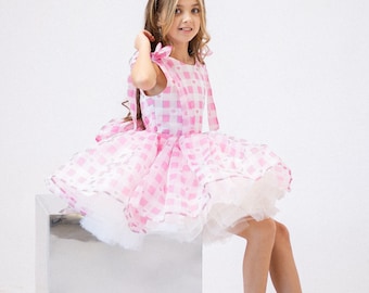 Różowe, bufiaste sukienki dla małych dzieci w kratkę do fotografii - sukienka Fairycore w stylu letnim, na przyjęcie urodzinowe lub okazjonalne dla małych dziewczynek