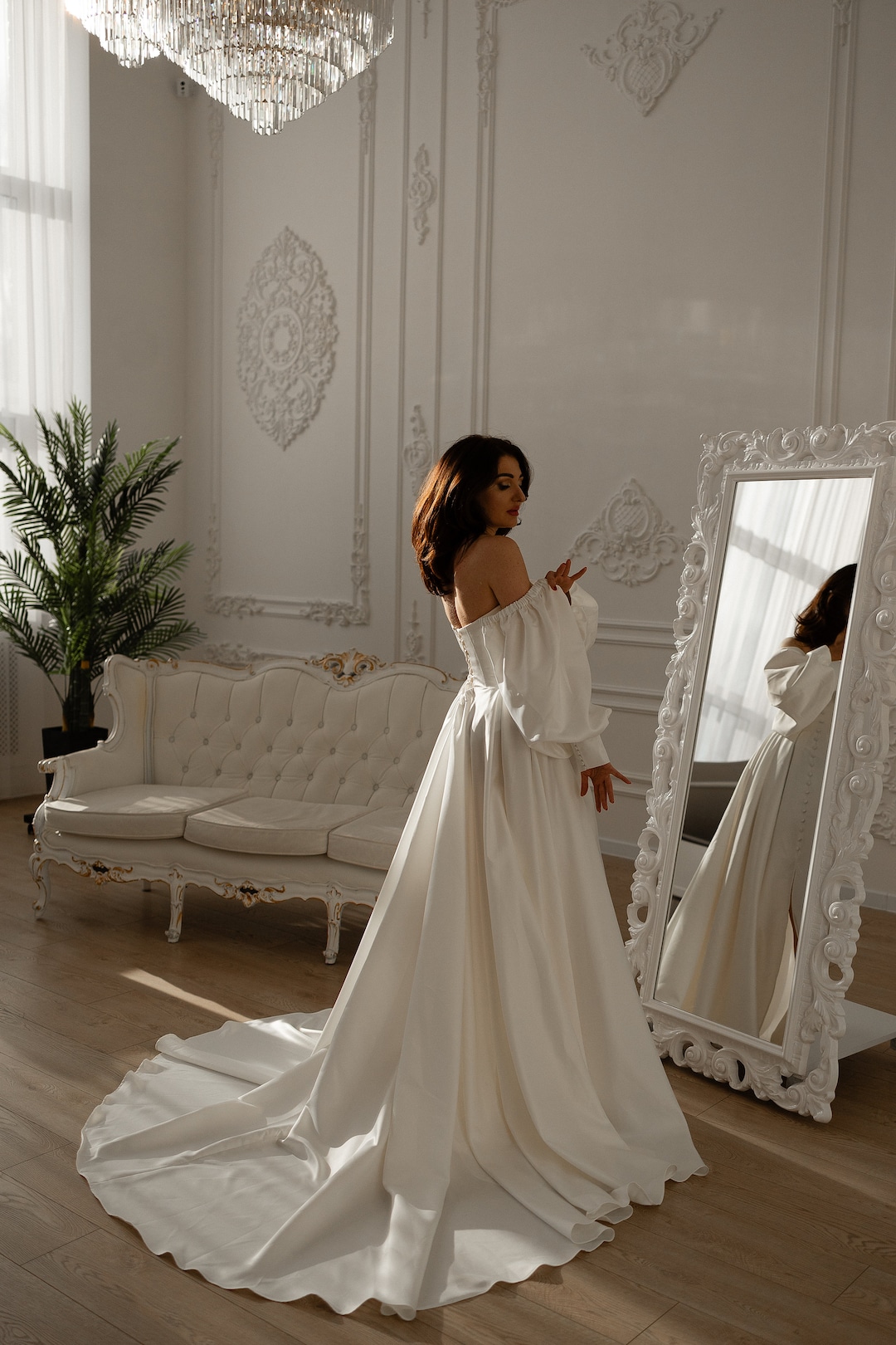 Fairytale White Satin Wedding Dress Simple Two Wear Slim Travel Photography Satin Outgoing Dresses C761 main image 1