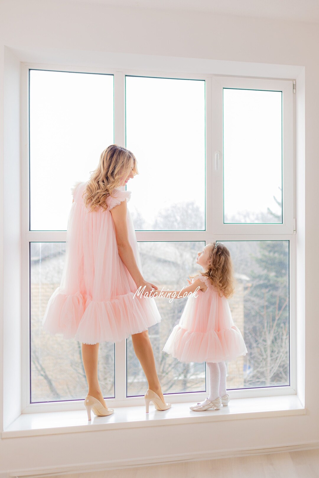 Pink Short Sleeve Tulle Mother and Me Matching Gowns MGD174 main image 0