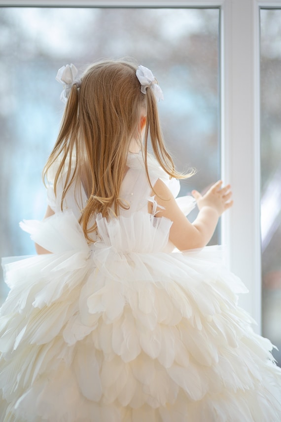 White Feather Dress Baby Girl Baptism Dress Floor Length Gown